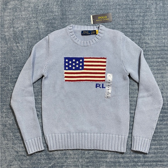 NWT Polo by Ralph Lauren Women's Light Blue Flag  Knit Sweater Size S/P - Picture 2 of 9